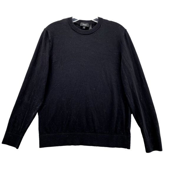 Theory Sweater Women's Medium Black Fitted Crew Neck Luxe Merino Wool Preppy 90s - Picture 1 of 11